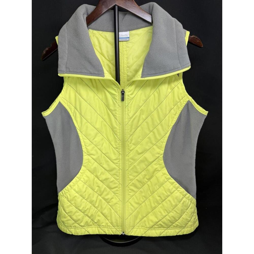 Columbia Vest Womens Medium Yellow Gray‎ Quilted Fleece Panel Full Zip Outdoors
